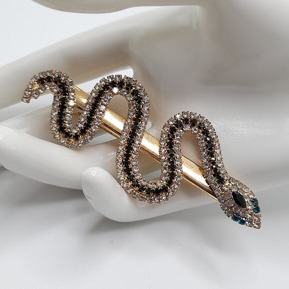 Snake Rhinestone Barrette Slide, Gold Tone, 3 1/4 In - Picture 2 of 9